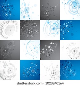 Collection of Bauhaus wallpapers, art dimensional vector background made with honeycombs, lines and circles. Graphic 1960s illustration can be used as booklet cover design. 3d technological pattern.