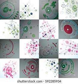 Collection of Bauhaus wallpapers, art dimensional vector background made with honeycombs, lines and circles. Graphic 1960s illustration can be used as booklet cover design. 3d technological pattern.
