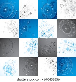 Collection of Bauhaus wallpapers, art dimensional vector background made with honeycombs, lines and circles. Graphic 1960s illustration can be used as booklet cover design. 3d technological pattern.