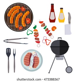 Collection BBQ barbecue oktoberfest icons design elements in cartoon style. Picnic barbecue lunch oktoberfest, outdoors oktoberfest cooking dinner set. Vector illustration