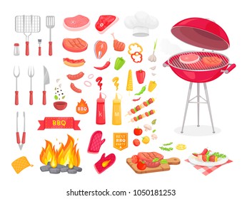 Collection of BBQ cutlery and various meat dishes, vector illustration, icons of barbecue steaks and sausages, vegetables and kebabs, knife and grid. Set of BBQ objects