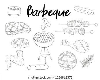 Collection of BBQ objects. Set of barbecue elements, white and black. Hand drawn. Fast food. Can be used for cafe and restaurant menus, packaging, advertisements.