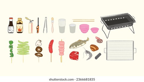 Collection of BBQ party food ingredients , tools, and equipments