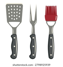 Collection of bbq tools: a perforated spatula, a two-pronged meat fork, and a red silicone basting brush.