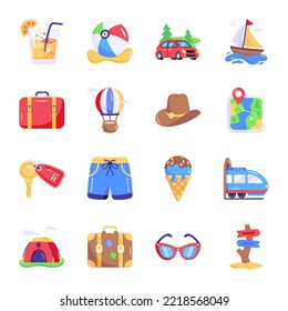 Collection of Beach and Camping Flat Icons 

