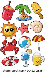 Collection of beach elements in pixel art.