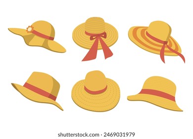 Collection of beach hats with red ribbons on them. All hats come in different sizes and styles