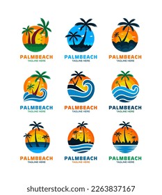 Collection of beach logo design. Water ocean waves with sun, palm tree and beach, logo