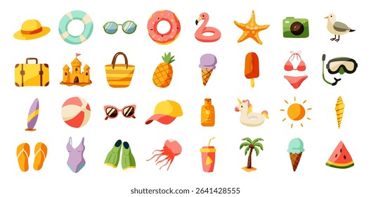 A collection of beach and pool related icons including a swimsuit, sunglasses, and a camera. The icons are arranged in a grid and are all in bright colors