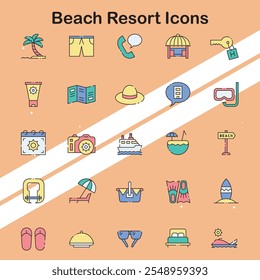 Collection of beach resort icons representing relaxation and leisure activities ideal for travel and vacation designs.