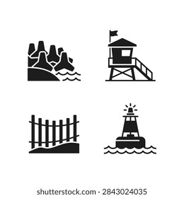Collection of beach safety and nautical navigation vector icons.