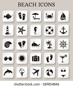 Collection of beach and seaside icons on white buttons. Vector illustration.