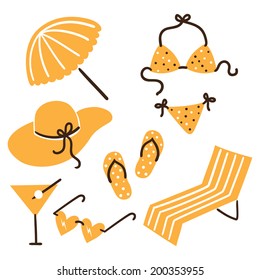 Collection of beach summer accessories. Summertime vacations and traveling symbol.