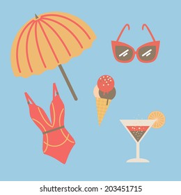 Collection of beach summer accessories. Summertime vacations and traveling symbols. Eps 10 vector illustration.