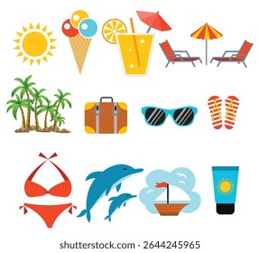 A collection of beach and summer themed items including a surfboard
