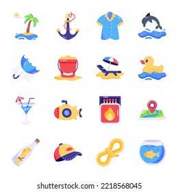 Collection of Beach Vacation Flat Icons 

