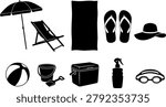 Collection of beach vacation silhouettes featuring umbrella deck chair towel flip flops sun hat beach ball bucket cooler sunscreen and swim goggles. Black vector silhouettes isolated on white background.