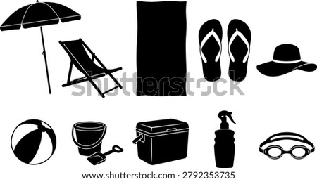 Collection of beach vacation silhouettes featuring umbrella deck chair towel flip flops sun hat beach ball bucket cooler sunscreen and swim goggles. Black vector silhouettes isolated on white background.