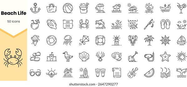 A collection of beach-themed icons, showcasing various elements like shells, crabs, and sun umbrellas in a clean, minimalist style.