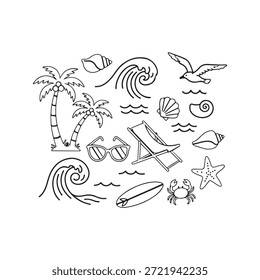 Uma coleção de ilustrações de silhueta com temas de praia, com palmeiras, ondas, criaturas marinhas e ícones tropicais.