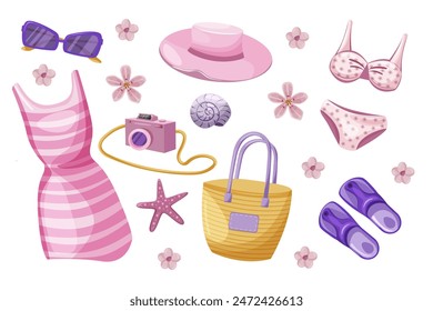 Collection of beachwear and accessories. Summer set on a white background. Hello summer. Beach holidays, summer sale. Hand drawn vector illustration