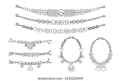 Collection Of Beaded Bracelets Showcasing Friendship And Love Feature Elements Like Stars Hearts Smile Faces, Vector Set