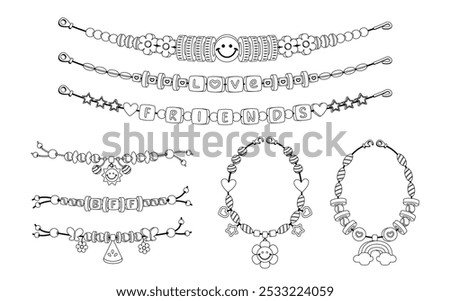 Collection Of Beaded Bracelets Showcasing Friendship And Love Feature Elements Like Stars Hearts Smile Faces, Vector Set