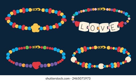 A collection of beaded necklaces in a cartoon style. Beadwork, handmade. Child bracelet with colored beads. Vector illustration