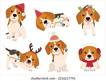 The collection of beagles in many actions for Christmas theme. Graphic resource about beagle for graphic, content, etc. 