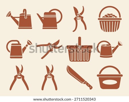 Collection of bean pod tool icons with machete pruning shears harvesting basket and watering can