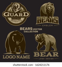 Collection of bear emblems on a black background.