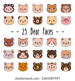 Collection of bear face characters, cute style, animal heads in cartoon style, drawing and color element,  for kids, planner, logo, etc. vector. Illustration.