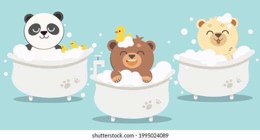 The collection of bear and friends with bathtub and duck rubber in flat vector style. illustation about healthcare and pet gromming.