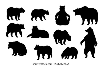 Collection of bear silhouettes in various poses. Set of icons with wild animal. Design elements for social networks and printing on paper. Cartoon flat vector stickers isolated on white background