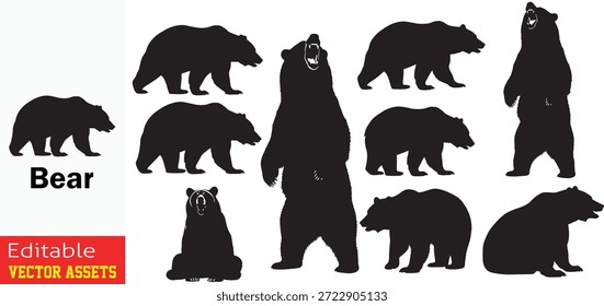 Collection of Bear Silhouettes in Various Poses and Sizes Including Walking Standing on Hind Legs and Sitting Isolated on Transparent Background

This professional collection features a diverse array of bear silhouettes, meticulously designed to capture the powerful and majestic nature of these ursine creatures. The set includes multiple poses, such as a prominent bear standing on its hind legs, various walking profiles, and calm sitting positions, representing different sizes and species like Grizzly, Black, or Brown bears. Isolated on a transparent background, these high-quality editable vector assets are an ideal resource for wildlife conservation projects, outdoor adventure branding, national park signage, and rustic hunting lodge logos. The clean, solid black forms ensure immediate recognizability and provide designers with a versatile toolkit for both digital interfaces and high-resolution print media like apparel and forest-themed decor.

Key Features include
Dynamic Range of Poses Showcases bears in action and stationary stances, providing maximum variety for complex graphic compositions.

Wildlife and Nature Focused Specifically tailored for eco-friendly branding, zoo signage, and environmental awareness campaigns.

Minimalist High-Contrast Aesthetic Bold black silhouettes offer high visibility and clarity, perfect for stencils, logos, and icons.

Professional Vector Quality Fully scalable and editable EPS file, allowing for effortless customization of size, shape, and color without any loss of detail.