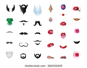 Colección de barbas, labios seductores femeninos, bocas. Coloridas máscaras divertidas para aplicaciones web.