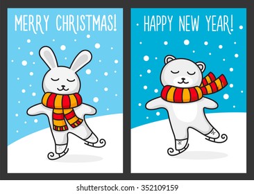 Collection of bears and rabbits in color striped scarf on the rink. Set of cute winter animals. Christmas Posters. Template for Greeting Scrapbooking, Congratulations, Invitations.Vector illustration.