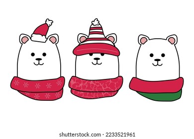 collection of bears in Scandinavian style, Christmas illustration with funny bears. Hand drawn vector teddy with red sweater, scarf and hat. Happy New Year collection. Winter design.
