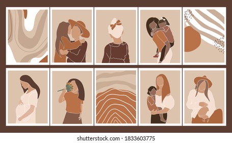 
Collection of beautiful abstract posters. Mother, children, pregnant woman. Minimalism. Modern Art. Vector illustration in pastel colors.