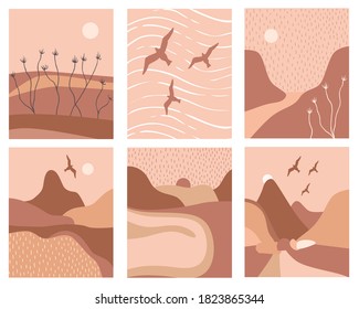 Collection of beautiful abstract posters. Mountains, sunset, landscape, birds. Contemporary art in retro style. Minimalism.Vector illustration.