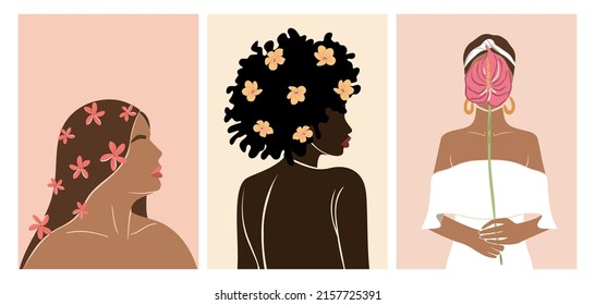 Collection of beautiful abstract women with different skin color and tropical florals, minimalistic style.Design for social media, wallpapers, postcards, prints, romance. Vector, illustration.