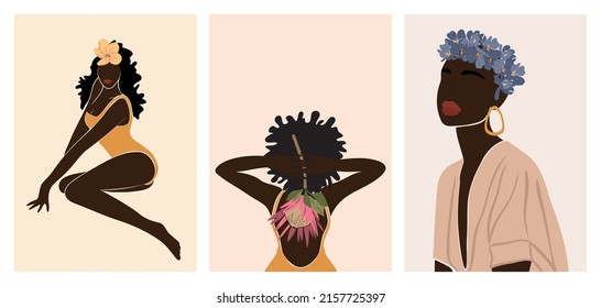 Collection of beautiful abstract women with different skin color and tropical florals, minimalistic style.Design for social media, wallpapers, postcards, prints, romance. Vector, illustration.