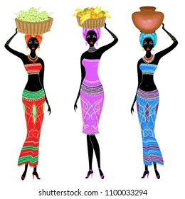 Collection. Beautiful Afro-american lady. The girl is carrying a basket on her head with persimmons, oranges, bananas, grapes and a jug. Women are slim and young. Set of vector illustrations.