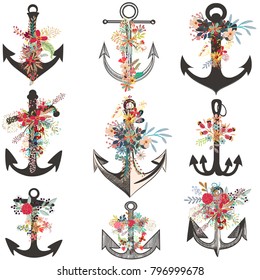 Collection of beautiful anchors decorated by flowers