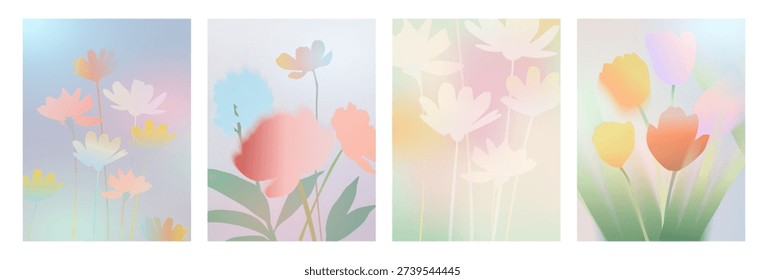 Collection of beautiful backgrounds with spring flowers daisies, tulips, wildflowers with soft, blurred outlines and gradients in pastel shades. The overall style is dreamy, soft, and artistic. The light is diffused, creating a serene and gentle atmosphere.