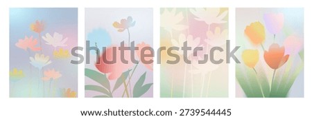 Collection of beautiful backgrounds with spring flowers daisies, tulips, wildflowers with soft, blurred outlines and gradients in pastel shades. The overall style is dreamy, soft, and artistic. The light is diffused, creating a serene and gentle atmosphere.
