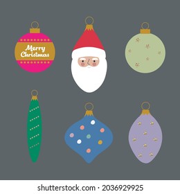  Collection of beautiful baubles and decorations for Christmas tree set of holiday ornaments. Figures of balls, Santa Claus. Colored vector illustration in flat cartoon style.