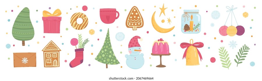 Collection of beautiful baubles and decorations for Christmas tree. Set of holiday ornaments, animals, Santa, snowman, gold bell. Colored vector illustration in flat cartoon style.