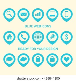 Collection of beautiful blue icons. Web icons element. Web icons art. Web icons app. Web icon. Search icon. Smartphone icon. House icon. Heart icon. Vector illustration, eps 10