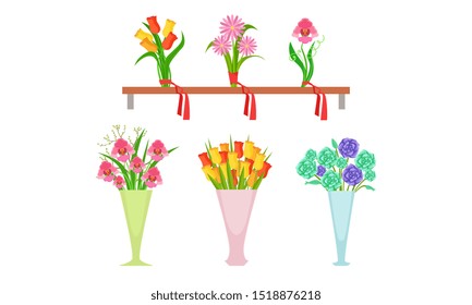 Collection of Beautiful Bouquets on Wooden Shelf and Vases, Flower, Florist Shop Design Element Vector Illustration